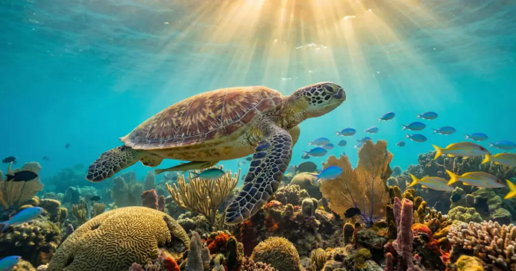 A breathtaking, cinematic underwater close-up of a majestic sea turtle swimming peacefully over a vibrant, colorful coral reef in Curaçao.