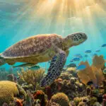 A breathtaking, cinematic underwater close-up of a majestic sea turtle swimming peacefully over a vibrant, colorful coral reef in Curaçao.