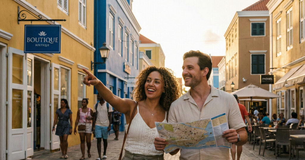 A happy couple exploring the colorful colonial streets of Punda, Curaçao, with a map during a self-guided walking tour from the cruise port.