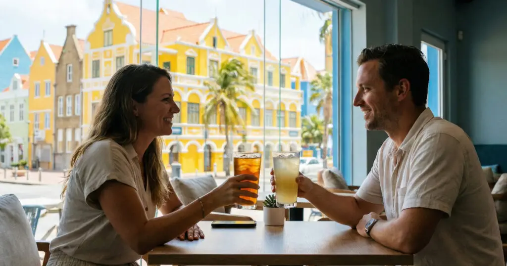 A couple enjoying refreshing iced drinks in a cool, air-conditioned cafe in Willemstad, escaping the heat while overlooking the colorful sunny streets of Curaçao.
