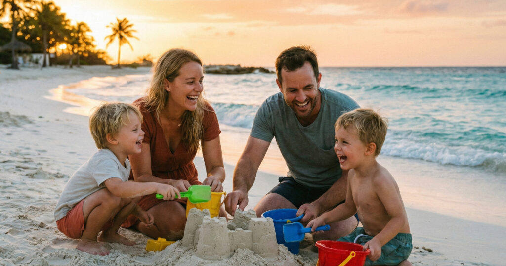 A happy family building a sandcastle on a white sandy beach in Curaçao during a beautiful golden hour sunset, enjoying a perfect family vacation moment.