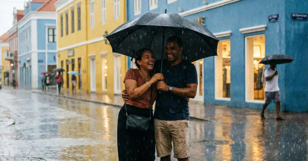 A couple laughing under an umbrella during a tropical rain shower in Willemstad, Curaçao, with colorful colonial buildings reflected in the wet street.