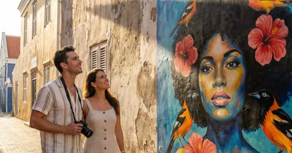 A couple admiring a colorful street art mural of a woman with tropical flowers in a narrow alley in the Otrobanda district of Willemstad, Curaçao.